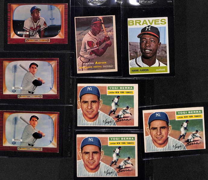 Lot of (3) Vintage Hank Aaron Cards & (5) Vintage Yogi Berra Cards w. 1955 Bowman Hank Aaron