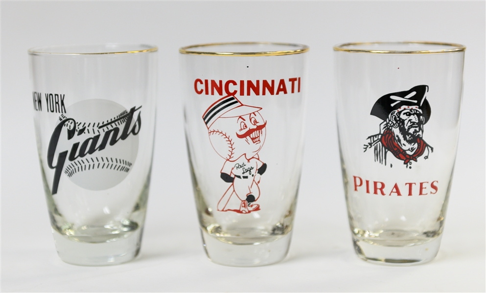  Vintage 1950s Complete Set of (9) The Big Leaguer National League Gold Rimmed Baseball Logo Glasses w. Brooklyn Dodgers