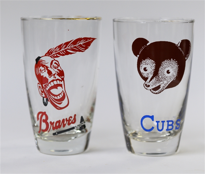  Vintage 1950s Complete Set of (9) The Big Leaguer National League Gold Rimmed Baseball Logo Glasses w. Brooklyn Dodgers
