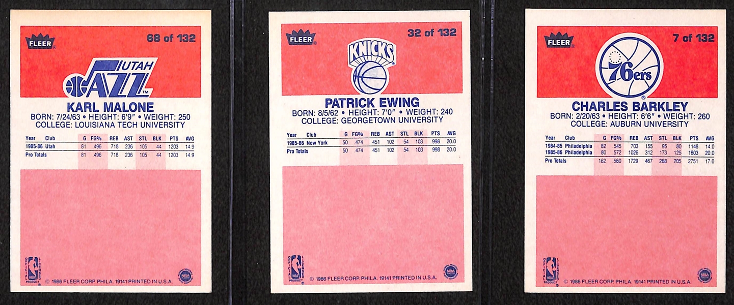 Lot of (3) 1986-87 Fleer Basketball Rookie Cards w/ Malone, Ewing, and Barkley 