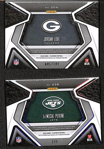 Lot of (2) 2020 Panini Playbook Autographed Jersey Cards - Jordan Love #45/149 & La'Michal Perine #1/5