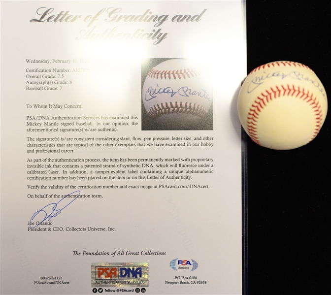 Mickey Mantle Single Signed OAL Rawlings Baseball PSA/DNA Grade 7.5 (Auto Grade 8, Baseball Grade 7)