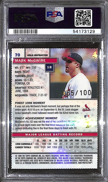 1999 Topps Finest Mark McGwire Gold Refractor Graded PSA 9 Mint