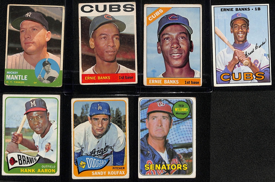 (7) Low Grade 1960s Cards - 1963 Mickey Mantle, 1964/1966/1967 Banks, 1965 Aaron, 1965 Koufax, 1969 Ted Williams