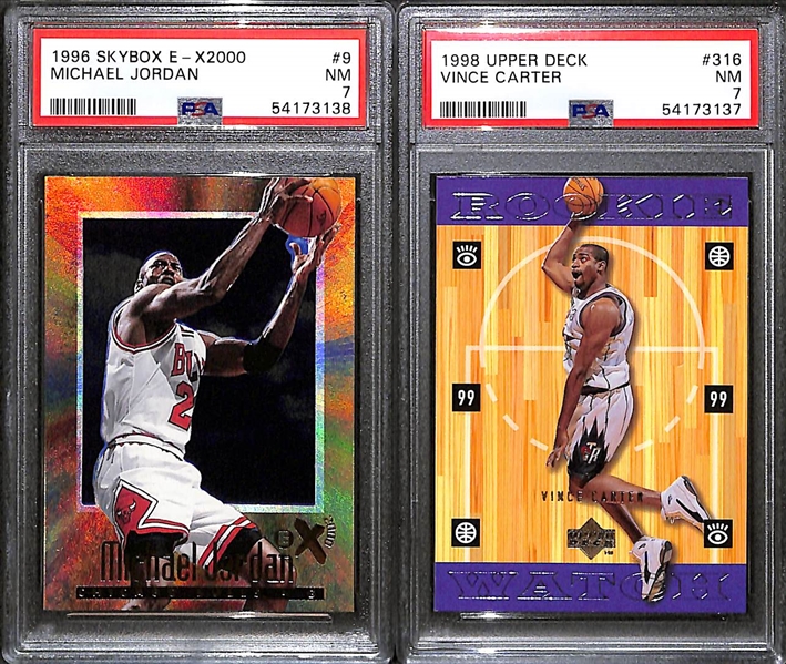 Lot of (2) - 1996 Skybox E-X2000 Michael Jordan (PSA 7) & 1998 Upper Deck Vince Carter Rookie #316 (PSA 7)