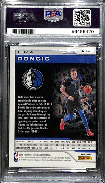 Rare 2019-20 Obsidian Luka Doncic Orange Prizm Rookie Card #ed 15/25 Graded PSA 9 Mint