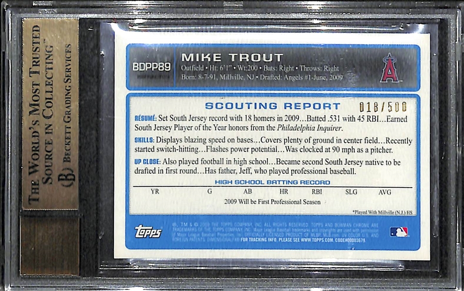 2009 Bowman Chrome Draft Picks & Prospects Mike Trout Autograph Refractor Rookie Card #18/500 BGS 9.5 GEM (10 Auto) 