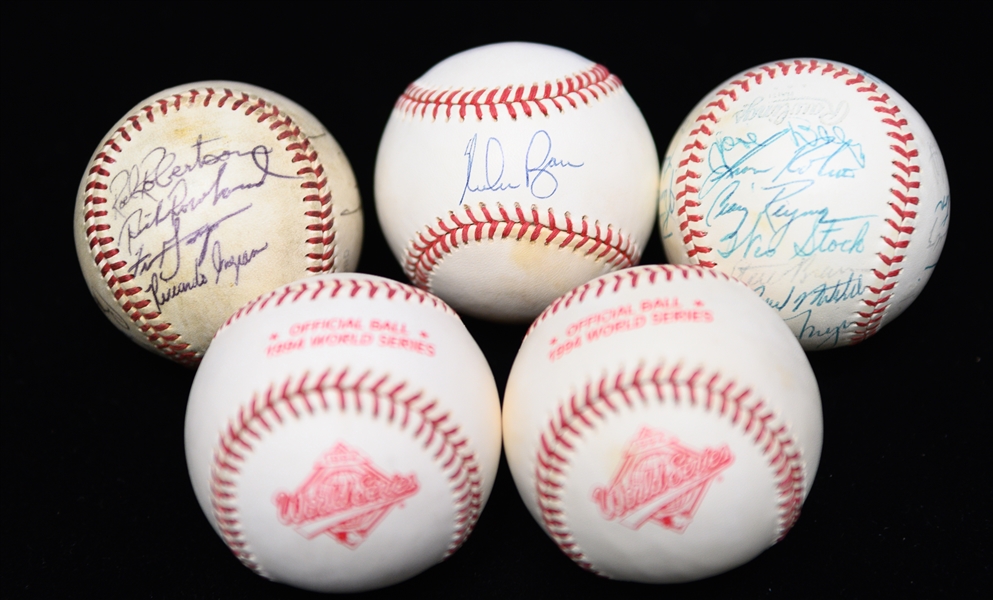 (5) Baseballs - (3) Signed (Nolan Ryan, Reds Team-Signed w. Vida Pinson, & Minor League Team w. Jaime Moyer) & (2) Unsigned 1994 World Series