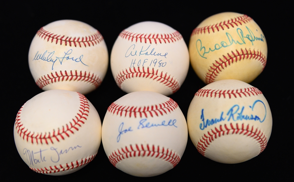 (6) Signed Baseballs - B. Robinson/B. Feller Dual, F. Robinson, M. Irvin, Al Kaline, Joe Sewell (JSA Auction Letter)