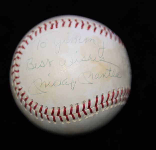 (3) Signed Baseballs - Mickey Mantle (To Jimmy), Charlie Keller/Tommy Byrne Dual, & Will Clark (To Jimmy) w. JSA Auction LOA