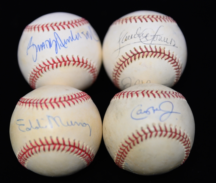 (4) Signed Official AL Baseballs - Ripken Jr., E. Murray, Brady Anderson, Sandy Alomar/Orel Hershiser From Marshall Samuel Collection (JSA Auction Letter)