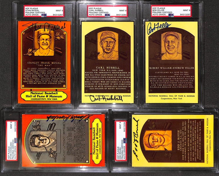 (5) PSA/DNA Slabbed HOF Plaque Cards (Musial, Hubbell, Feller, Coveleski, Roush) - Each w. Autograph Grade 9 Mint!