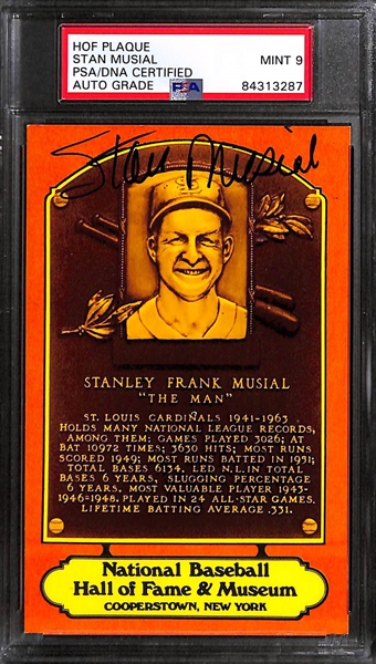 (5) PSA/DNA Slabbed HOF Plaque Cards (Musial, Hubbell, Feller, Coveleski, Roush) - Each w. Autograph Grade 9 Mint!