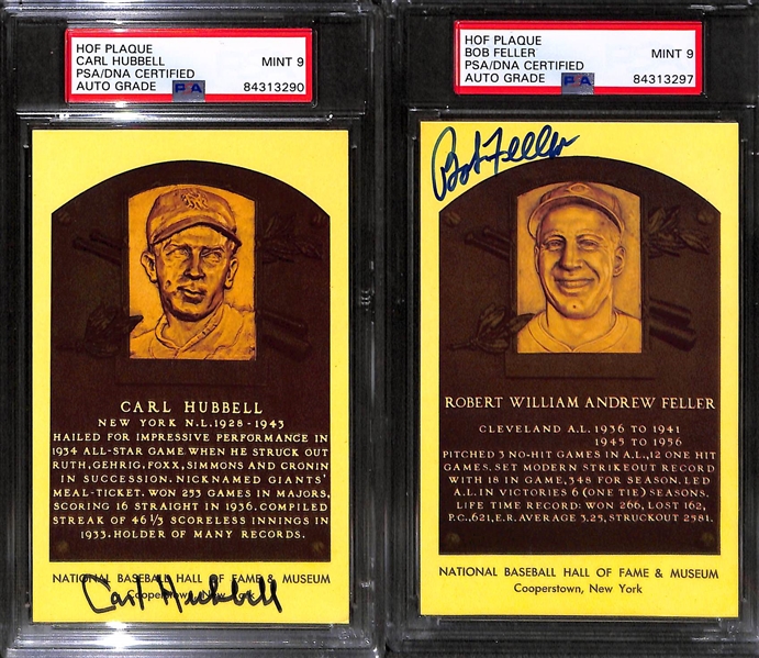 (5) PSA/DNA Slabbed HOF Plaque Cards (Musial, Hubbell, Feller, Coveleski, Roush) - Each w. Autograph Grade 9 Mint!