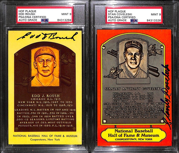 (5) PSA/DNA Slabbed HOF Plaque Cards (Musial, Hubbell, Feller, Coveleski, Roush) - Each w. Autograph Grade 9 Mint!