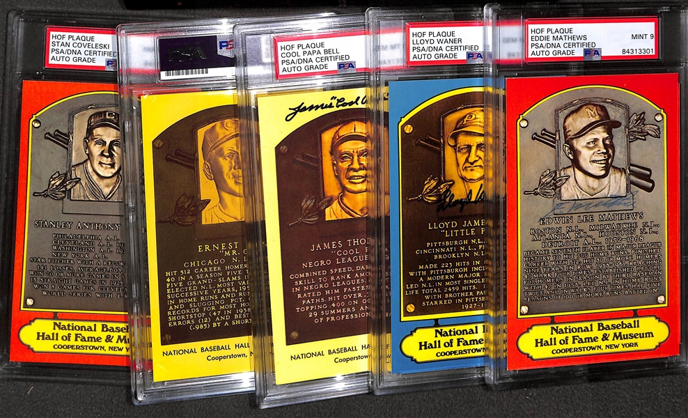 (5) PSA/DNA Slabbed HOF Plaque Cards (Mathews, L. Waner, Banks, Coveleski, Cool Papa Bell) - Each w. Autograph Grade of 8, 9, or 10!