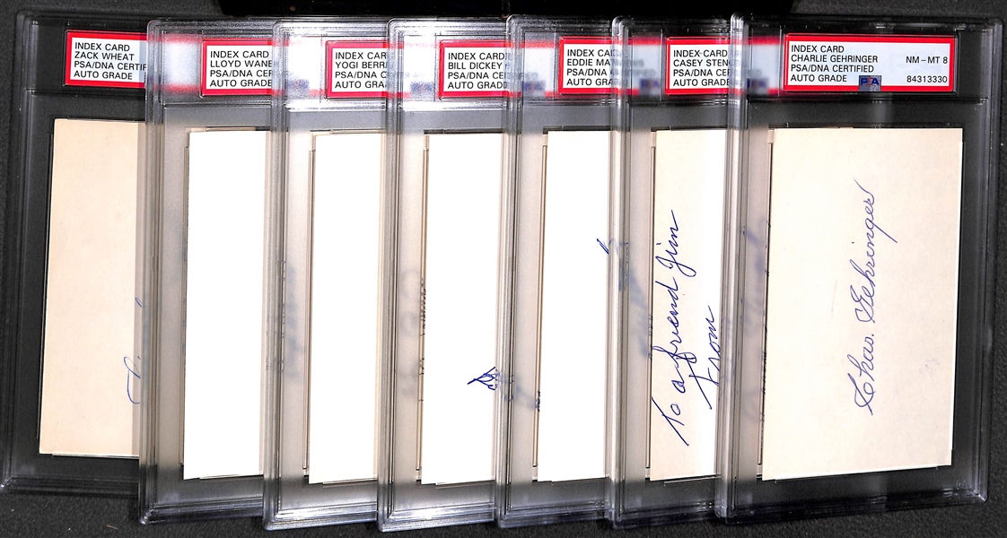 (7) PSA/DNA Slabbed HOF Index Cards (Gehringer, Stengel, Mathews, Dickey, Berra, L. Waner, Wheat) - Each w. Autograph Grade of 8, 9, or 10!