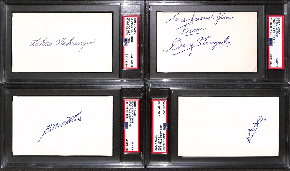 (7) PSA/DNA Slabbed HOF Index Cards (Gehringer, Stengel, Mathews, Dickey, Berra, L. Waner, Wheat) - Each w. Autograph Grade of 8, 9, or 10!