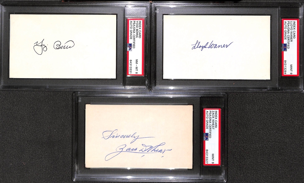 (7) PSA/DNA Slabbed HOF Index Cards (Gehringer, Stengel, Mathews, Dickey, Berra, L. Waner, Wheat) - Each w. Autograph Grade of 8, 9, or 10!