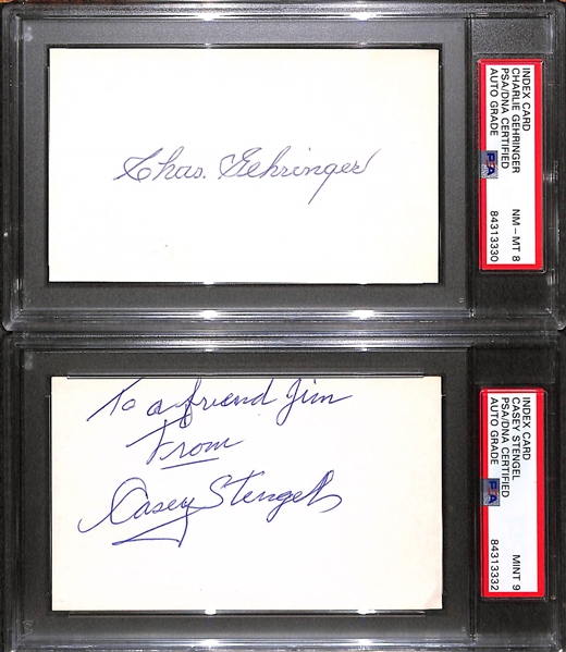 (7) PSA/DNA Slabbed HOF Index Cards (Gehringer, Stengel, Mathews, Dickey, Berra, L. Waner, Wheat) - Each w. Autograph Grade of 8, 9, or 10!