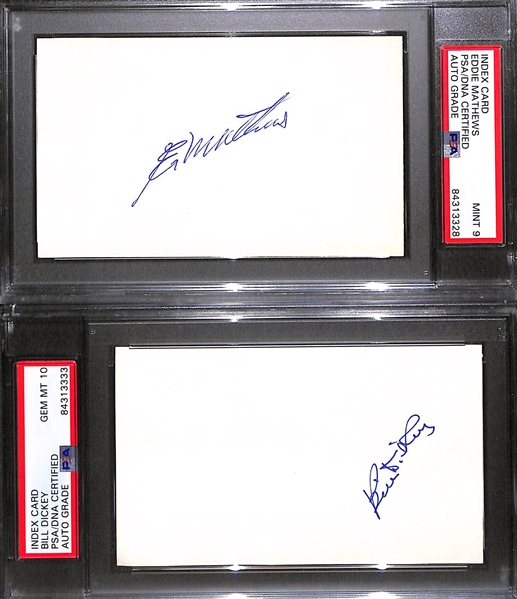 (7) PSA/DNA Slabbed HOF Index Cards (Gehringer, Stengel, Mathews, Dickey, Berra, L. Waner, Wheat) - Each w. Autograph Grade of 8, 9, or 10!