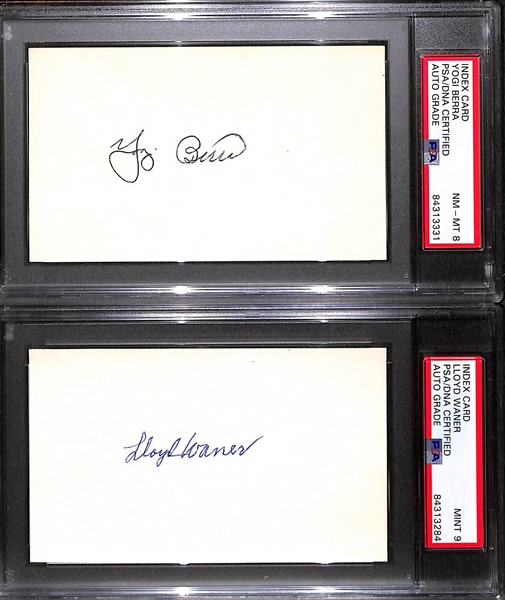 (7) PSA/DNA Slabbed HOF Index Cards (Gehringer, Stengel, Mathews, Dickey, Berra, L. Waner, Wheat) - Each w. Autograph Grade of 8, 9, or 10!