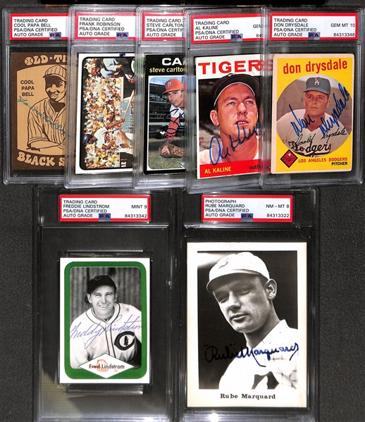 (7) PSA/DNA Slabbed HOF Cards w. 1959 Drysdale, 1964 Kaline, 1971 Carlton, 1973 F. Robinson,+ 