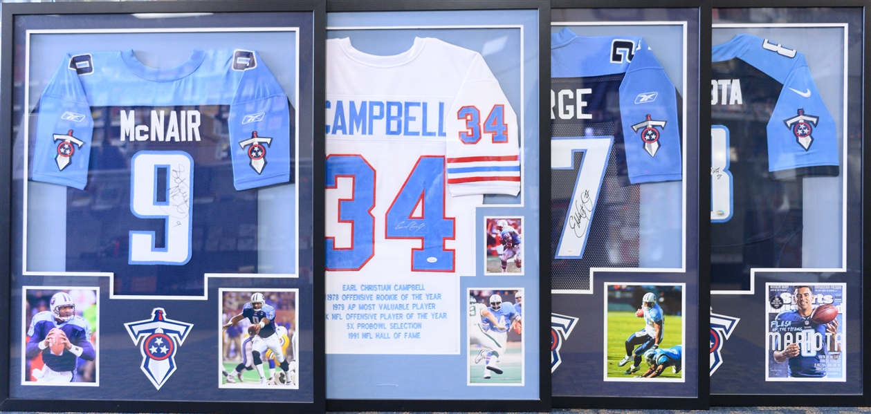 Lot of (4) Autographed and Framed Titans/Oilers Jerseys Inc. Steve McNair and Earl Campbell (JSA Auction Letter) 