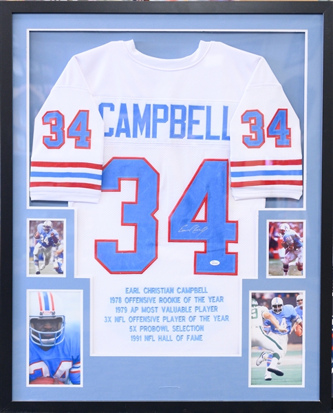 Lot of (4) Autographed and Framed Titans/Oilers Jerseys Inc. Steve McNair and Earl Campbell (JSA Auction Letter) 