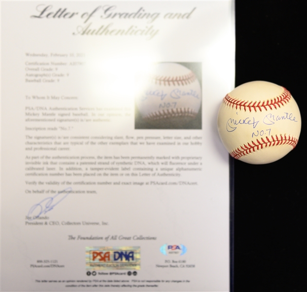 RARE Inscribed Mickey Mantle Signed No. 7 OAL Baseball PSA/DNA Grade 9 (Autograph Grade 9, Baseball Grade 9) w. UDA Cert & Box