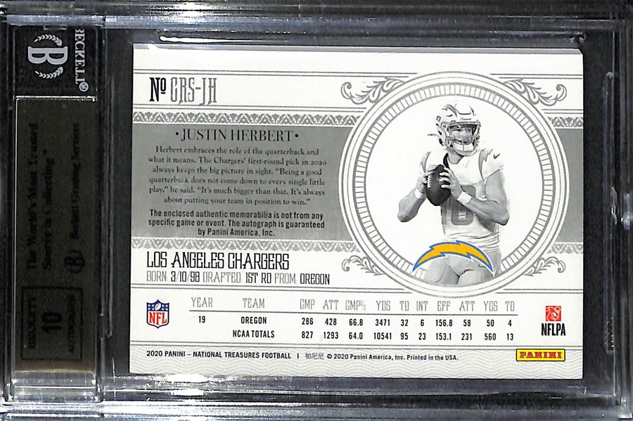 2020 Panini National Treasures Justin Herbert Crossover Rookie 3-Color Patch Autograph Card #82/99 BGS 9.5 (10 Auto Grade)