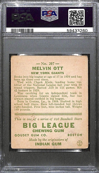 1933 Goudey Mel Ott #207 Graded PSA 2(MC) 