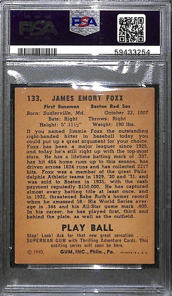 1940 Play Ball Jimmie Foxx #133 Graded PSA 4