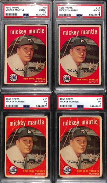(4) 1959 Topps Mickey Mantle #10 Graded Cards (PSA 2.5, PSA 2, PSA 1, and PSA 1)