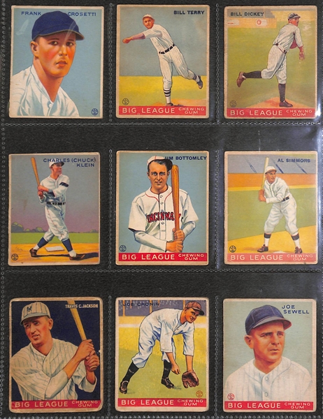 (52) 1933 Goudey Baseball Cards Inc. Crosetti, Terry, Bottomley, Dickey, Klein, Simmons, Cronin, Sewell, T. Jackson, +