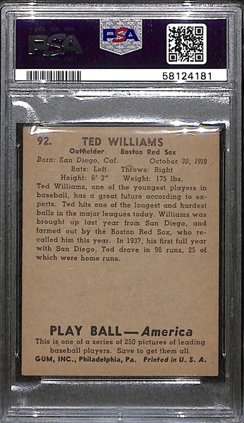 1939 Play Ball Ted Williams #92 Rookie Card Graded PSA 4.5