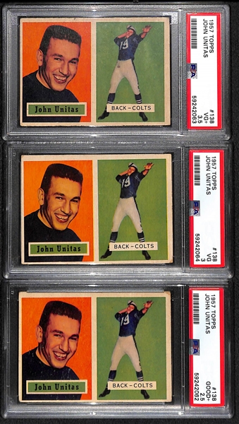 (3) Graded 1957 Topps Football Johnny Unitas #138 Rookie Cards (PSA 2.5, PSA 3, and PSA 3.5) 