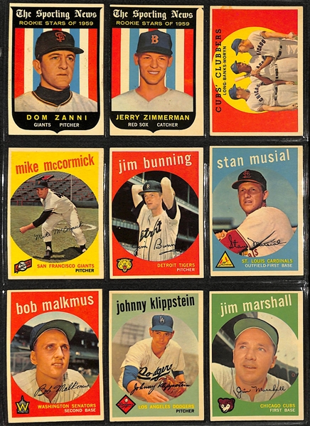 1959 Topps Baseball Card Near Complete Set (549 of 572 Cards - Missing Bob Gibson Rookie) in Binder - Mostly VG+-EX+ Cards