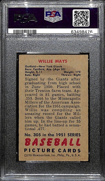 1951 Bowman Willie Mays Rookie Card  #305 Graded PSA 4