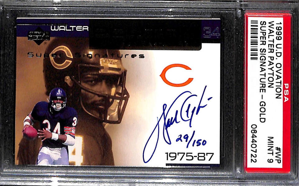 1999 Upper Deck Ovation Walter Payton Super Signature Gold Autograph Card #ed 29/150 Graded PSA 9