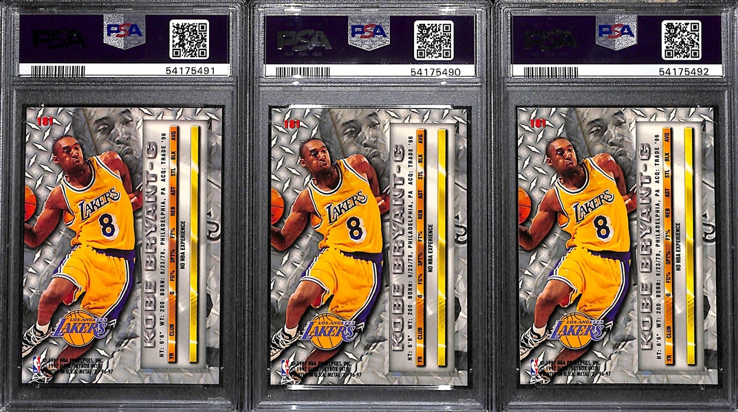 (3) 1996-97 Fleer Metal Kobe Bryant Rookie Cards - Each Graded PSA 9