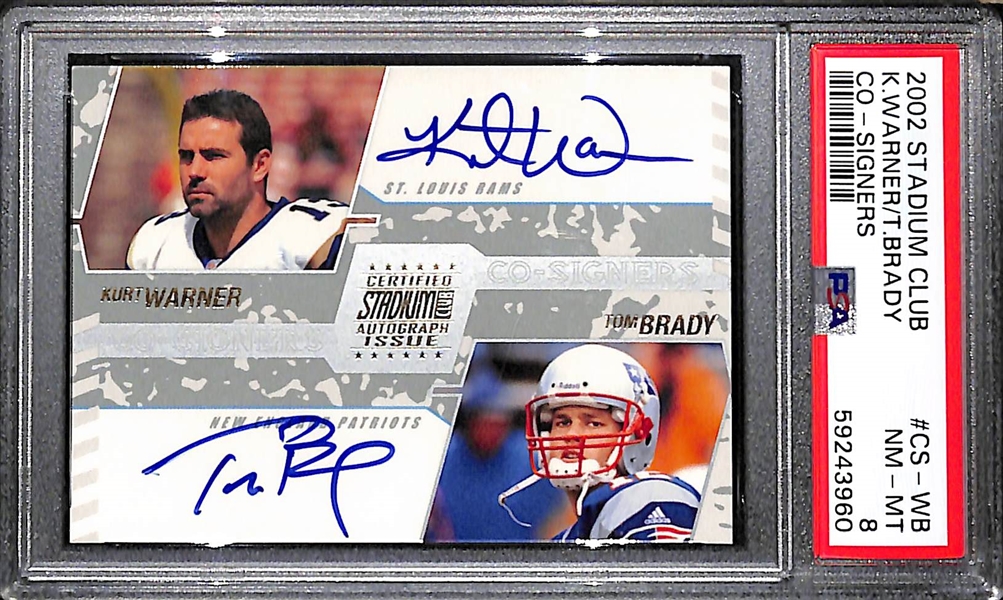 2002 Stadium Club Co-Signers Tom Brady & Kurt Warner Dual Autograph Graded PSA 8