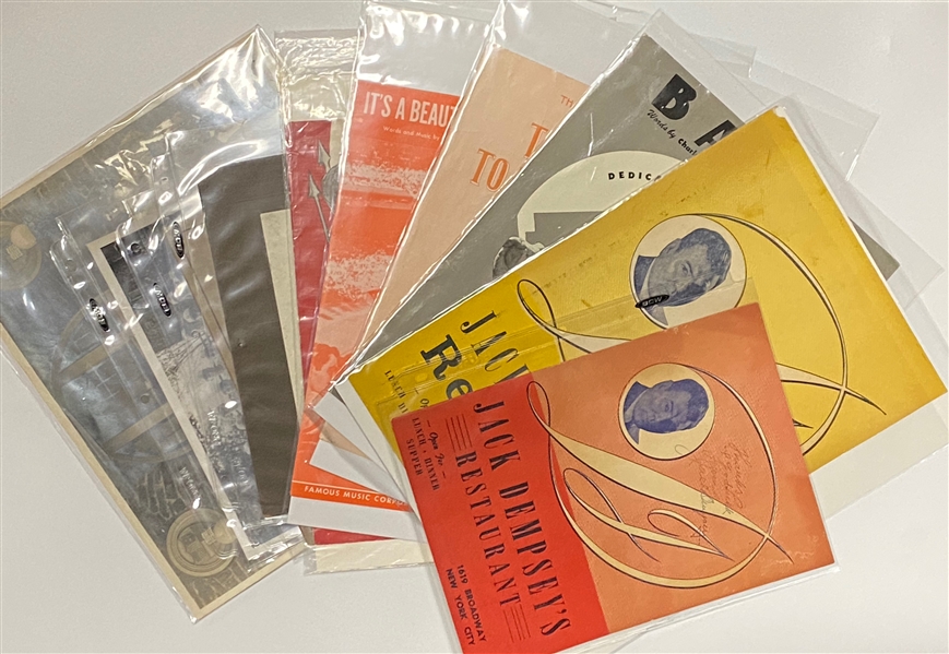 Lot of (10) Vintage Baseball Sheet Music, Photos, and Featuring a Boxing Jack Dempsey Stamped Menu