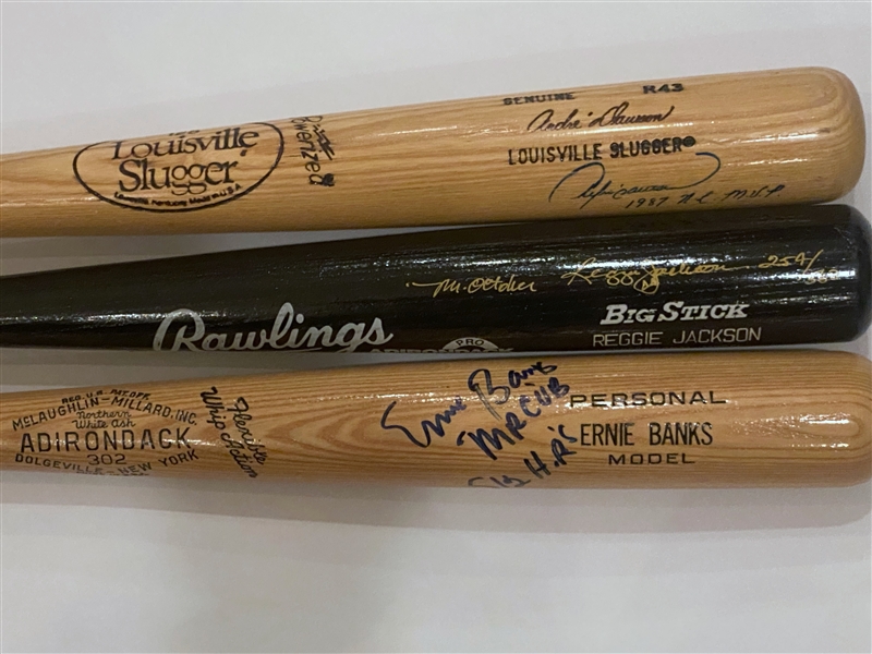 Lot of (3) Signed Baseball Bats - Ernie Banks, Reggie Jackson, Andre Dawson - JSA Auction Letter