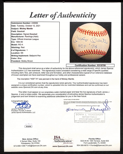 Mickey Mantle Signed Official Rawlings Baseball w. Rare HOF '74 Inscription - Full JSA LOA