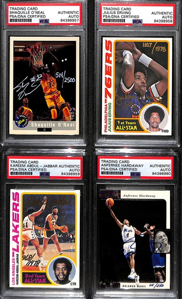 (4) Signed Basketball Cards - 1992 Shaquille O'Neal Rookie, 1978 Topps Dr. J., & Abdul-Jabbar, 1995 A. Hardaway (All PSA Slabbed)