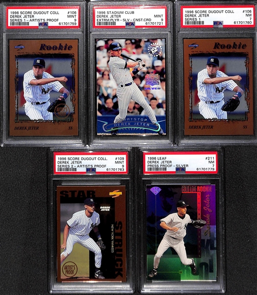 Lot of (5) PSA Graded Derek Jeter Cards w. 1996 Score Dugout Collections Series 1 Artist's Proof PSA 9