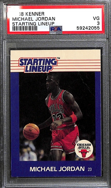 (4) Michael Jordan Starting Lineup Cards - 1988 (PSA 3), 1990 Brown (PSA 5), 1990 Yellow (PSA 7), 1991 Jumping (PSA 8)