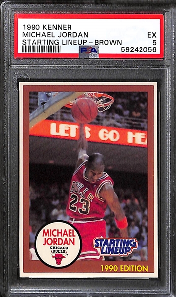 (4) Michael Jordan Starting Lineup Cards - 1988 (PSA 3), 1990 Brown (PSA 5), 1990 Yellow (PSA 7), 1991 Jumping (PSA 8)