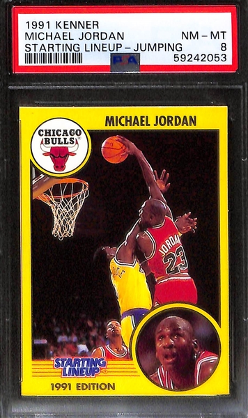 (4) Michael Jordan Starting Lineup Cards - 1988 (PSA 3), 1990 Brown (PSA 5), 1990 Yellow (PSA 7), 1991 Jumping (PSA 8)